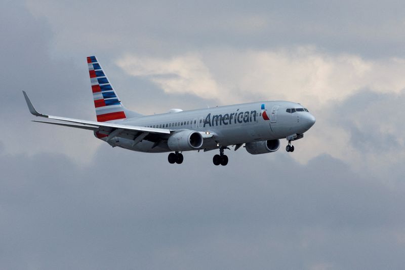 © Reuters. FILE PHOTO: An American Airlines commercial aircraft approaches to land at John Wayne Airport in Santa Ana, California U.S. January 18, 2022. REUTERS/Mike Blake/File Photo