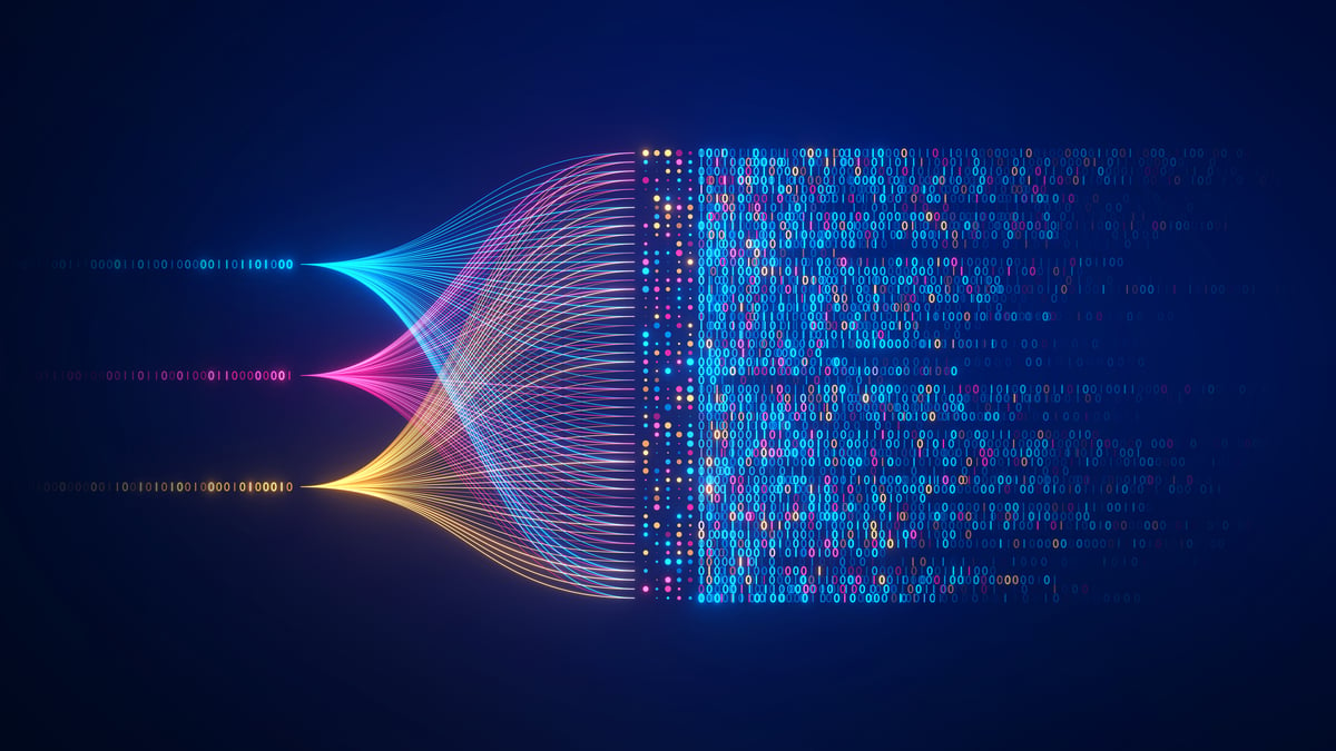 Rendering of binary code in various colors converging in sweeping patterns and lines.