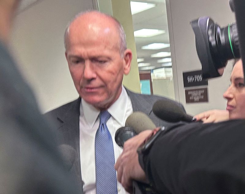 © Reuters. Boeing CEO Dave Calhoun speaks with reporters ahead of meeting with U.S. senators on Capitol Hill in Washington, U.S., January 24, 2024. REUTERS/Valerie Insinna/File Photo