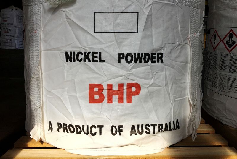 © Reuters. FILE PHOTO: A tonne of nickel powder made by BHP Group sits in a warehouse at its Nickel West division, south of Perth, Australia August 2, 2019. REUTERS/Melanie Burton/File Photo