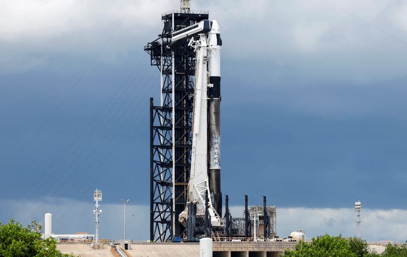 © Reuters. A SpaceX Falcon 9 rocket is prepared for launch of Polaris Dawn, a private human spaceflight mission, at the Kennedy Space Center in Cape Canaveral, Florida, U.S. August 26, 2024. Two crew members are expected to attempt the first-ever private spacewalk. REUTERS/Joe Skipper