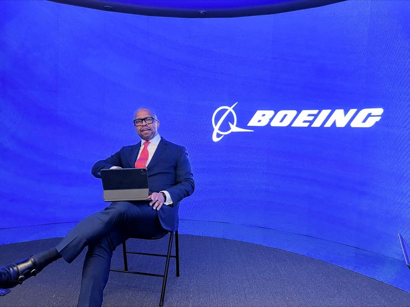 © Reuters. FILE PHOTO: Boeing Defense, Space and Security CEO Ted Colbert speaks to reporters at the Australian International Airshow in Avalon, Australia, February 28, 2023. REUTERS/ Jamie Freed/File Photo