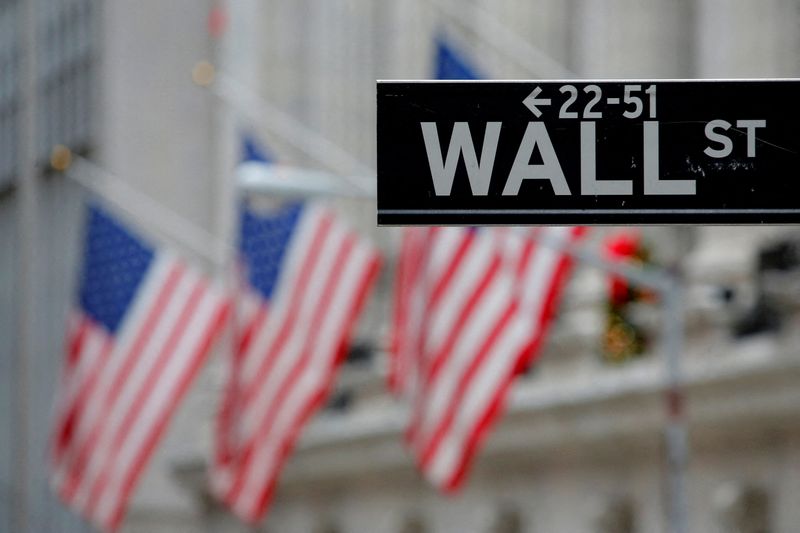 © Reuters. FILE PHOTO: A street sign for Wall Street is seen outside the New York Stock Exchange (NYSE) in Manhattan, New York City, U.S. December 28, 2016. REUTERS/Andrew Kelly//File Photo