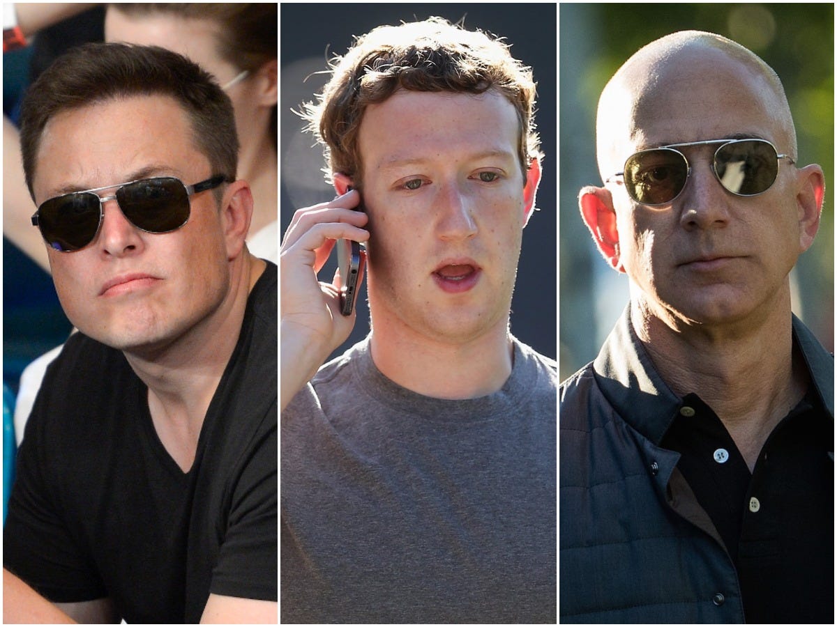 A composite image of Elon Musk, Mark Zuckerberg, and Jeff Bezos.