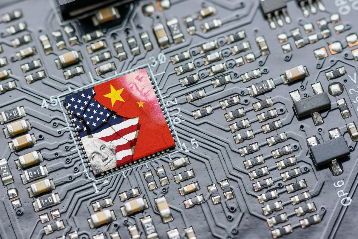 A circuit board with symbols of China and the U.S.